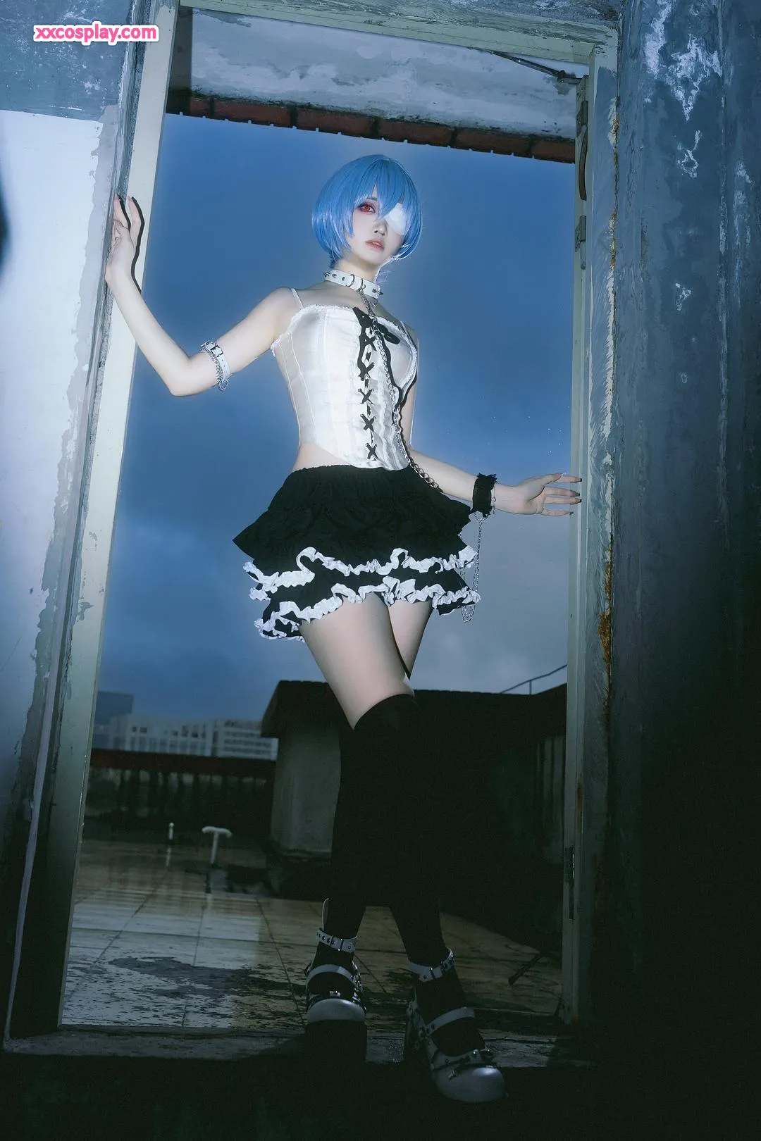 Luosang w Yizi as Rei Ayanami: Gothic Lolita on Rainy Rooftop